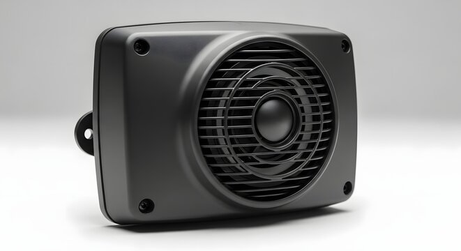 Black rectangular electronic device with a circular speaker grille on a white background, studio shot.