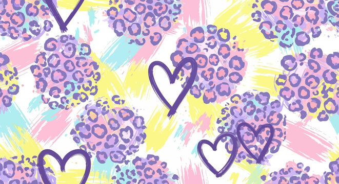 Colorful seamless leopard print hearts and strokes pattern.
