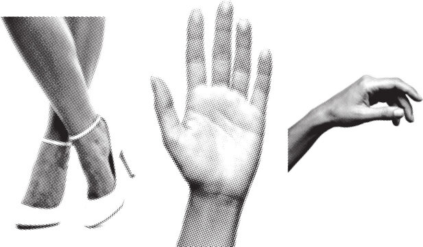 Halftone body parts with graphic lines creating dynamic composition for fashion advertising