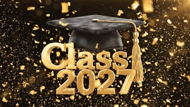Graduation celebration for class 2027 with golden text and falling confetti particles