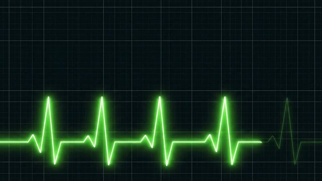 Green electrocardiogram monitor line pulsing across a dark grid with large copy space above