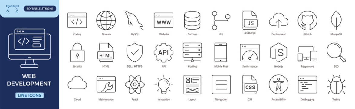 Web Development Line Icons Set &ndash; Modern Outline Vector Collection for Web Design, Programming & UI