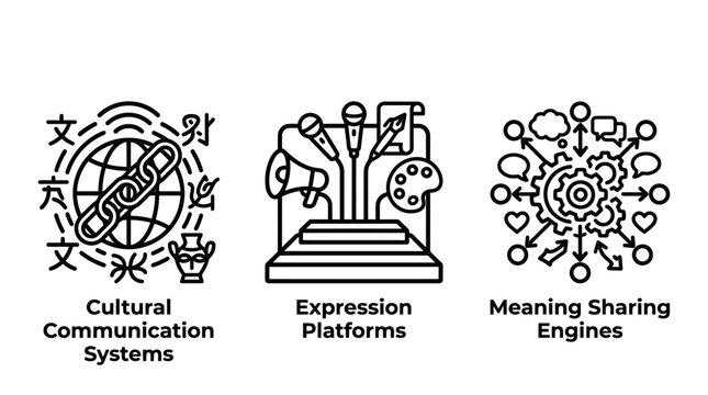 Collection of communication and digital sharing line icons depicting cultural exchange and modern expression platforms with communication exchange expression platform language information