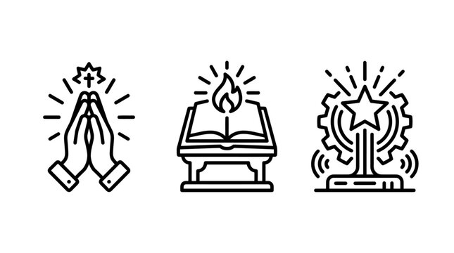Prayer faith and intellectual achievement line icons with religion knowledge spiritual intellect achievement scripture mechanism devotion education learning intellectual innovation