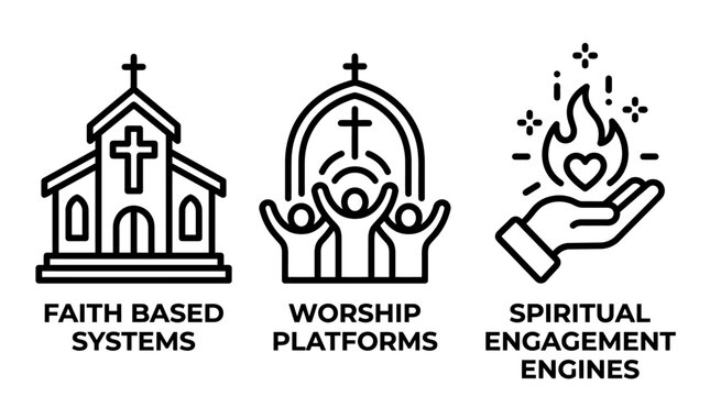 Faith based systems worship platforms and spiritual engagement engines outline icon set with platforms spiritual engagement religion community devotion abstract inspiration connection