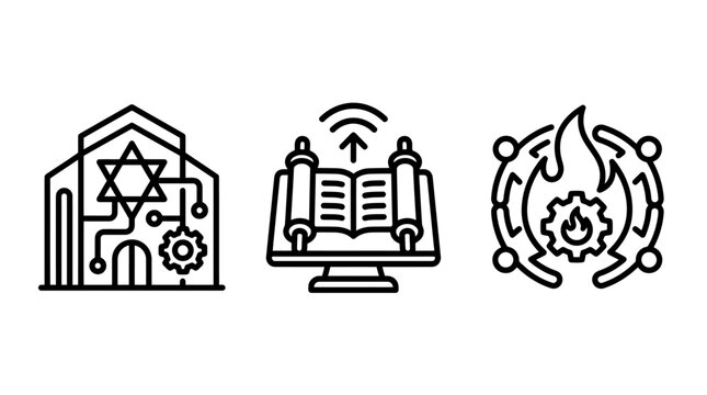 Set of religious and spiritual technology icons featuring a synagogue torah scroll community flame religion synagogue technology community spiritual tradition connection mechanism software