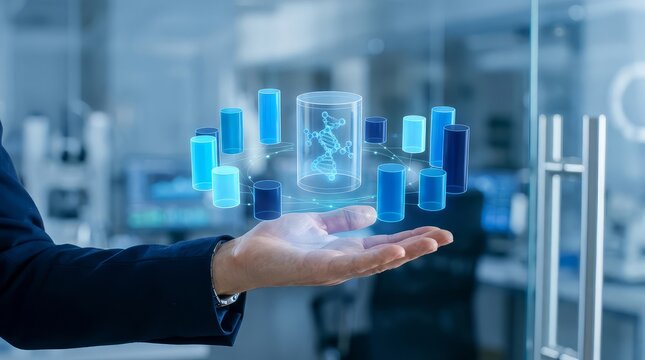 Businessman presenting digital dna data visualization in hand with visualization hovering above businessman lab setting above his palm presentation technology