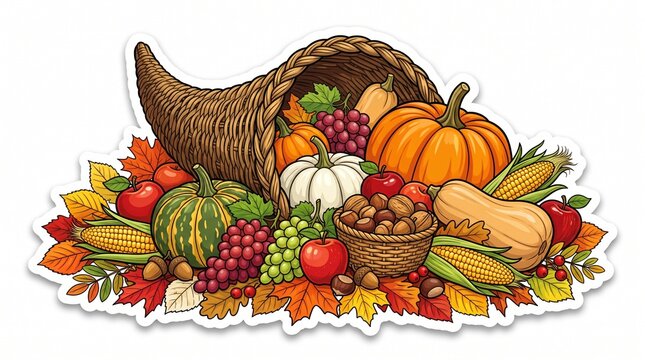 A rich vector sticker graphic featuring a traditional woven cornucopia spilling a bountiful autumn harvest of pumpkins, squash, corn, grapes, apples, and nuts among colorful fall leaves.