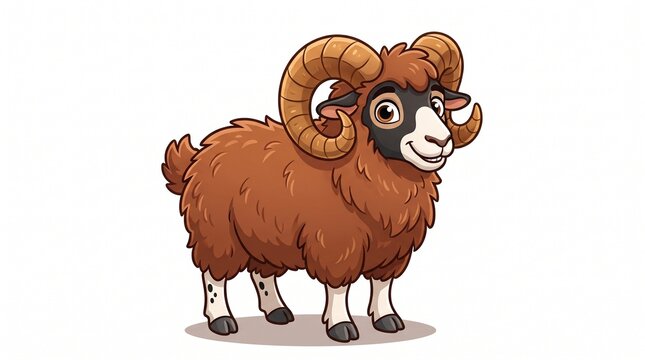 A charming cartoon vector illustration of a friendly brown ram with large, curved spiral horns and thick, fluffy wool standing in full view, isolated on a solid white background.