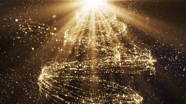 Heavenly golden light beams with sparkling glitter particles spiraling down on a dark background