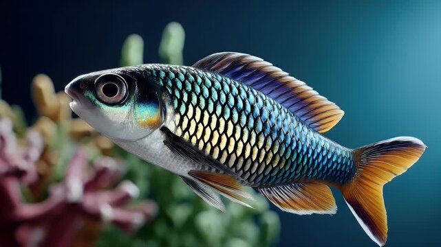 Small fish swimming underwater detailed scales blue orange fins
