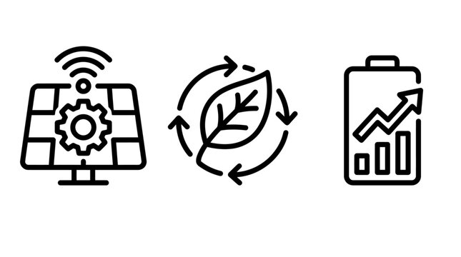 Smart solar monitoring and eco sustainability icons set with monitoring sustainability environment performance technology renewable analysis business improvement optimization efficiency