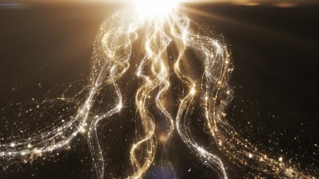 Heavenly golden light rays with sparkling particle trails shining down in a dark atmosphere