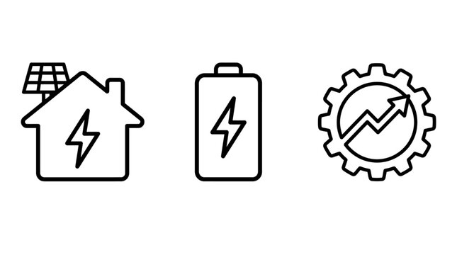 Smart energy and battery management linear icons set with management optimization electricity technology monitoring efficiency sustainable renewable automation analysis technical industry