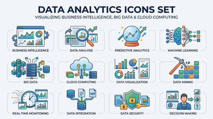 Fototapeta premium A collection of data analytics icons set visualizing business intelligence and computing
