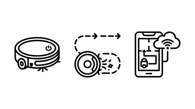 Smart robot vacuum cleaner navigation and app connectivity icon set with navigation connectivity technology automation household appliance cleaning domestic software monitoring housework