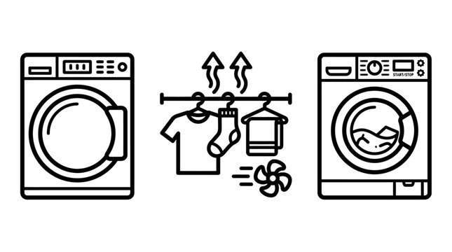 Laundry appliance icon set featuring washing machine drying process garment care symbols clothing appliance cleaning housework ventilation evaporation laundryday household equipment