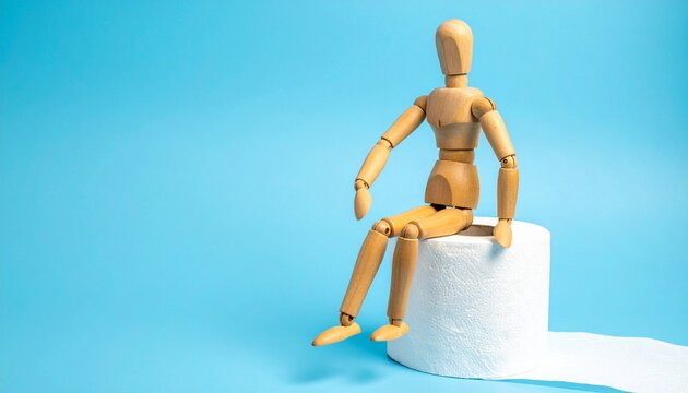Wooden mannequin sitting on toilet paper roll blue background