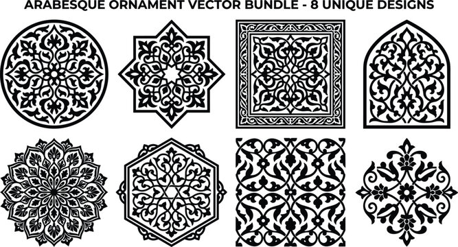 Arabesque ornament vector bundle with intricate Islamic inspired floral and geometric symmetrical designs for decorative art projects