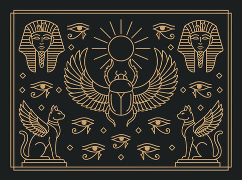 Ancient Egyptian Mythological Symbols Line Art Featuring Scarab, Pharaoh, Eye of Horus, and Winged Cats