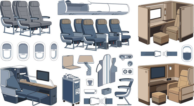 Airplane interior elements set featuring commercial airline seats first class suites economy chairs and aviation cabin icons for travel vector design