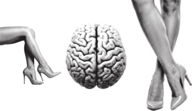 Halftone brain with elegant legs in heels on white background conveying intelligence and style