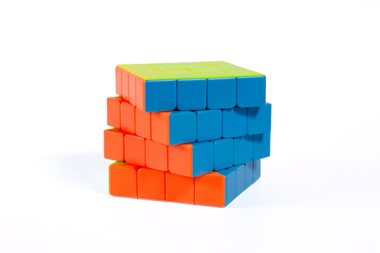 Bangkok Province, Thailand, 8 July 2026. Colorful 4x4 Rubik's Cube isolated on a white background.