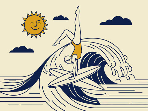 Retro Line Art Illustration of a Surfer Doing a Handstand on a Wave with a Smiling Sun