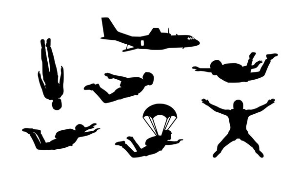 Skydiver Silhouettes Vector Set with Airplane and Dynamic Freefall Poses for Extreme Sports Design