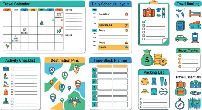 Travel planner and trip organizer vector template set with calendar schedule checklist packing list and budget tracker for vacation itinerary planning