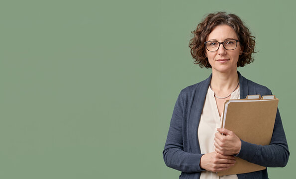 Confident mature businesswoman holding folder against green background