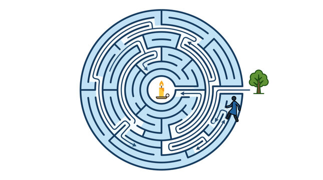 Circular maze, labyrinth illustration, puzzle design, business concept
