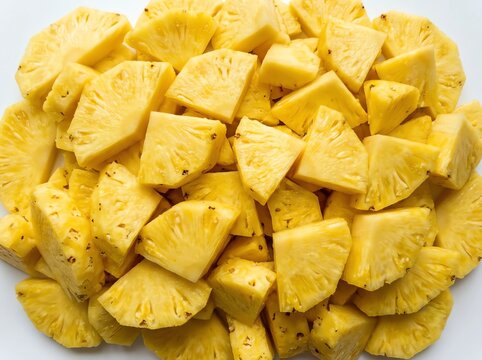 A close-up photo of a pile of cut-up pineapple pieces.
