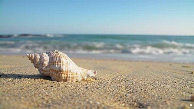 Large spiral seashell on sandy beach with ocean waves and clear blue sky