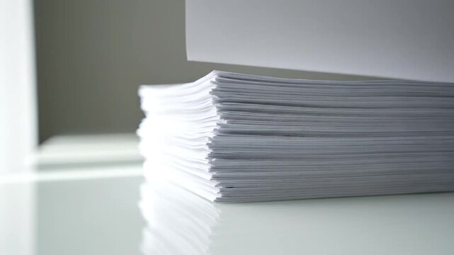 Large stack of white paper on office desk with hand reaching for top sheet