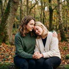 Fototapeta premium Two young women friends embracing in a forest during autumn season.
