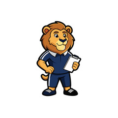 Naklejka premium Lion mascot coach character holding writing tablet.