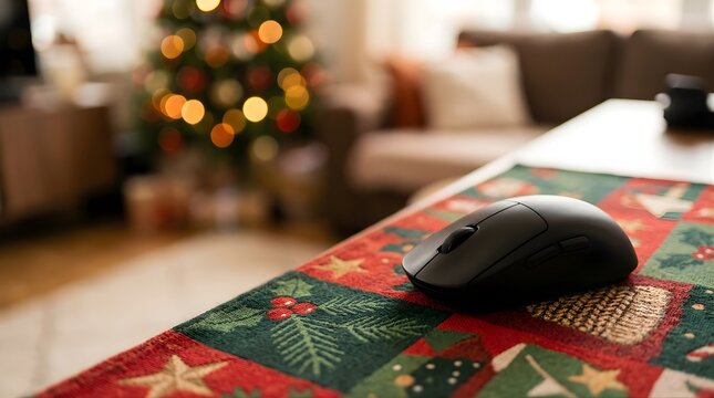 Black computer mouse on a festive table runner in a blurred living room