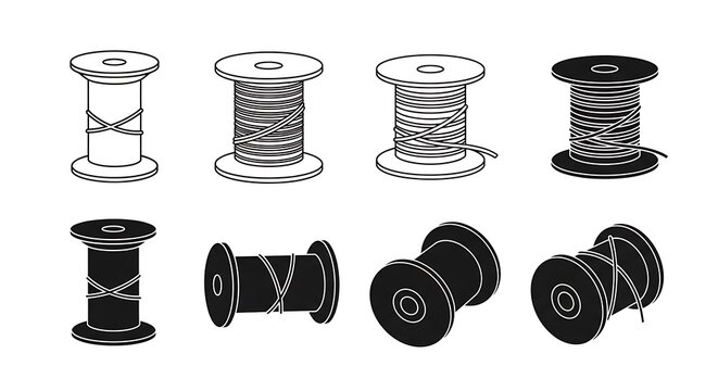 A collection of various thread spool icons presented in different orientations and fill styles