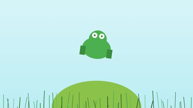 A green cartoon monster jumping over grass.
