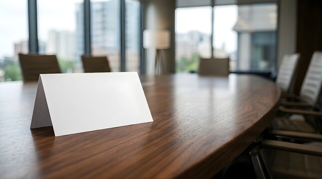 Blank paper tent card on a wooden meeting table in a modern office