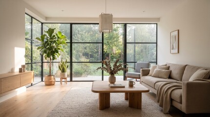 Fototapeta premium Bright and spacious modern living room with large windows and garden view