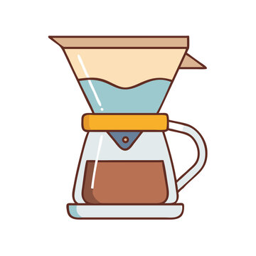Pouring coffee with a hario v60 dripper - Minimalist vector illustration of a Hario V60 coffee dripper pouring hot coffee into a mug on a table.