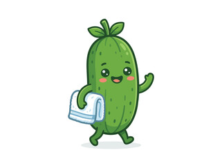 Fototapeta premium A cartoon pickle character happily holds a towel in a playful scene.