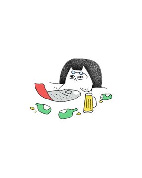 Funny cartoon cat working late on laptop with beer mugs and cans animation.