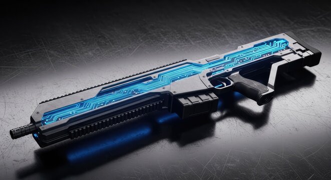 A high-tech energy rifle rests on a dark metallic surface, featuring glowing neon blue light, intricate circuitry, and heavy industrial wear, object, urban, gun