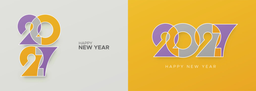 Modern Geometric Happy New Year 2027 Typography Banner with Abstract Overlapping Numbers