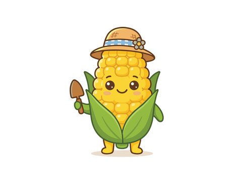 A smiling cartoon corn character wearing a hat holds a shovel.