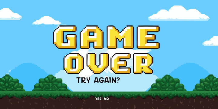 Pixelated game over screen with clouds mountains and ground