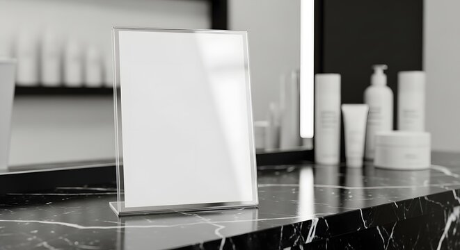 Blank acrylic menu stand on a black marble counter with cosmetic products in a beauty salon.